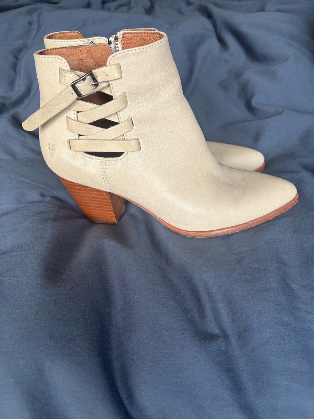 Frye Cream Leather Cutout Ankle Booties with Wood Stacked Heel